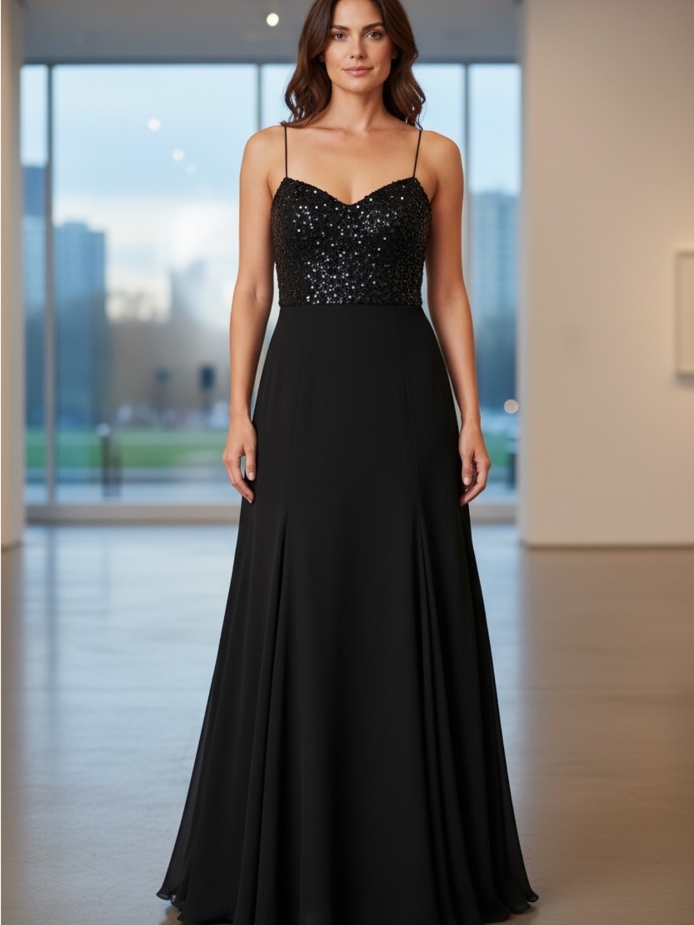 Escada Black Sequin Bodice Spaghetti Strap Maxi Dress